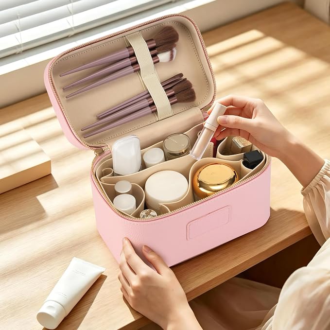Makeup Bag Travel Toiletry Leather Cosmetic Case, Waterproof Makeup Organizer with Brush Holder, Wipe Clean Removable Divider Vanity Train Bag for Women, Pink - Image 6