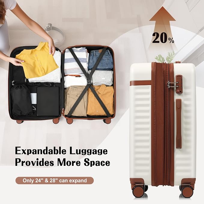 Hardshell Luggage, Lightweight Suitcase with Spinner Wheels, WHITE BROWN+USB - Image 3