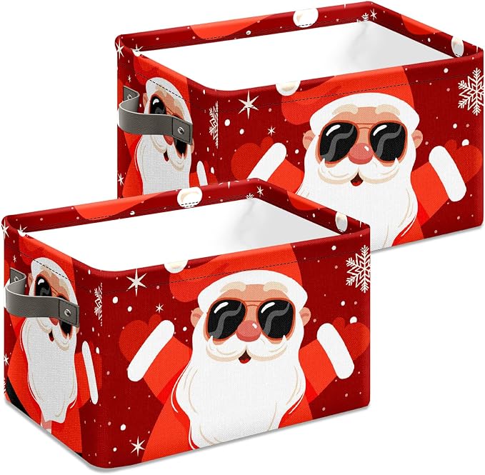 Christmas Baskets Storage Bins with Handles, Decorative Christmas Santa Claus Foldable Cloth Organizer Storage Boxes for Home Office 14 x 10 x 8 - Image 4