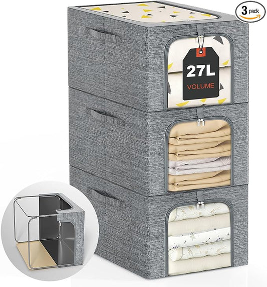 GoMaihe Clothes Storage Bins Metal Frame: 3-Pack Compact Stackable Closet Storage Bin with Lid & Clear Window, Space Saving Organizer for Sweaters Kids Clothes (Dorm/Closet 27L) by GoMaihe