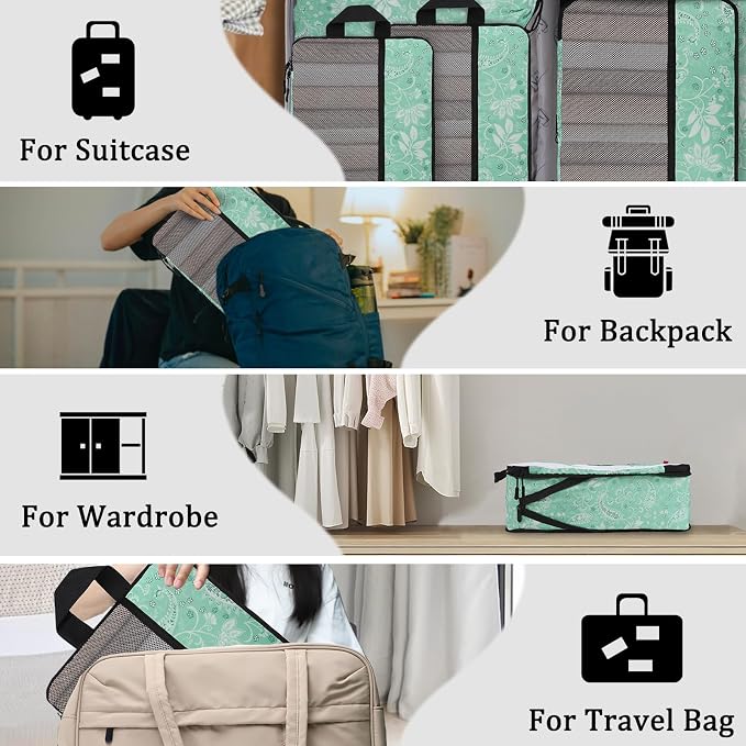 U+U 6 Set Compression Packing Cubes - Ultralight Travel Organizers with Laundry Bag, Space-Saving Suitcase Organizer, Expandable Packing Cubes for Travel, Business Trip and Vacation (Green Paisley) - Image 7