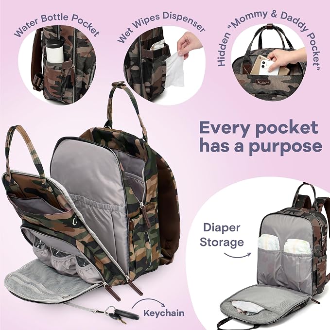 RUVALINO Diaper Bag Backpack, Multifunction Travel Back Pack Maternity Baby Changing Bags, Large Capacity, Waterproof and Stylish, Green Camo - Image 3