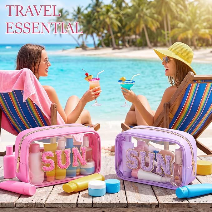 Kacctyen 10 Pcs Sun Clear Makeup Bags with Zipper in 5 Assorted Colors, Chenille Letter Sunscreen Bags Bulk, Clear Waterproof Cosmetic Bag for Women Beach Pool Trip & Summer Birthday Party Favors - Image 4