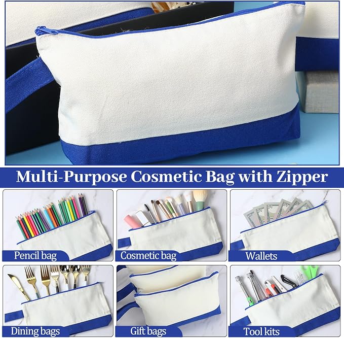 Silkfly 48 Pcs Cotton Canvas Makeup Bags Cosmetic Zipper Bags 10.2 x 5.5 x 2'' Blank DIY Pouch Bulk Pencil Case with Bottom Travel Toiletry Pouch for Women Craft Decor Gift (Beige and Blue) - Image 4