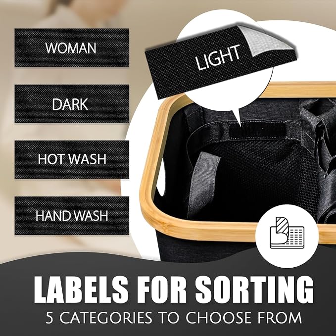 Hampers for Laundry Basket with Lid, 145L Large Laundry Hamper 3 Section | Dirty Clothes Hamper Separator with 3 Removable Bags & 5 Labels, Divided Laundry Organizer for Bedroom, Laundry Room, Black - Image 4