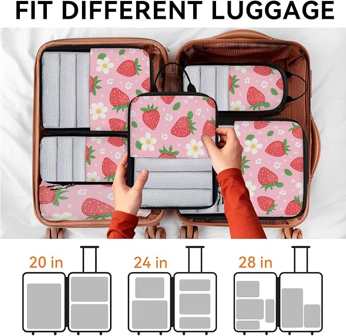 Strawberry Pattern 6 Set Compression Packing Cubes for Travel Luggage Carry On Suitcase Compressible Expandable Packing Cubes Organizers Bag - Image 7