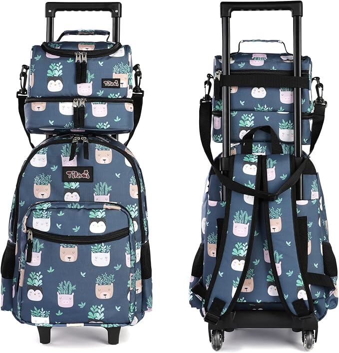 Tilami Rolling Backpack 18 inch Double Handle with Lunch Bag Wheeled Kids Backpack for Girls and Boys, Plants Blue - Image 2