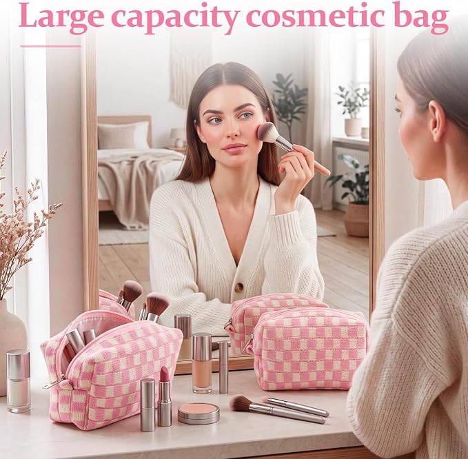 Gilprop 8 Pcs Checkered Makeup Bag for Purse Small Cosmetic Pouch Bulk Portable Zipper Makeup Pouch Travel Toiletry Organizer Gifts for Women Bridesmaid Wedding Party Favors (Pink White) - Image 5