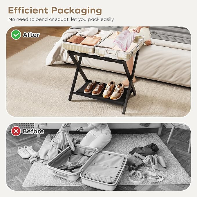 Fully Assembled Black Luggage Rack for Guest Room, Bamboo Folding Suitcase Stand with Fabric Storage Shelf, 5 Nylon Straps, Upgraded Luggage Rack Holder for Bedroom Hotel, Holds up to 165 Lbs, 1pcs - Image 5