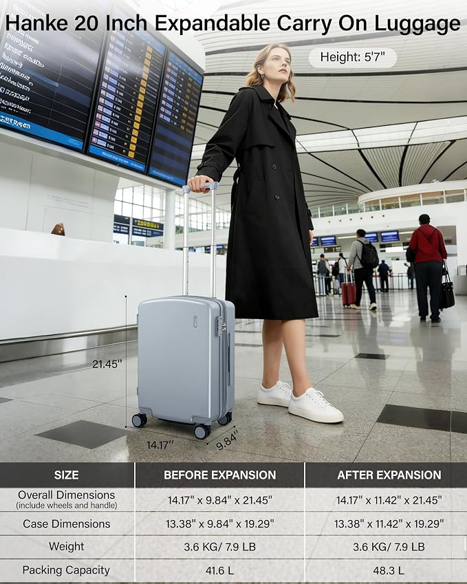 Hanke 20 Inch Expandable Carry On Luggage, 22x14x9 Airline Approved, TSA Lock Hard Shell Lightweight Suitcase for Men Women (Grey) - Image 2
