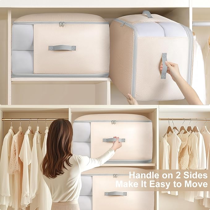 Comforter Storage Bag - 130L Large Capacity Blanket Storage Bags 3-Layer Ultra Space Saving Self Compression Organizer, Washable Compression Bags for Storage Comforter Blanket, 6-Pack, Beige - Image 5