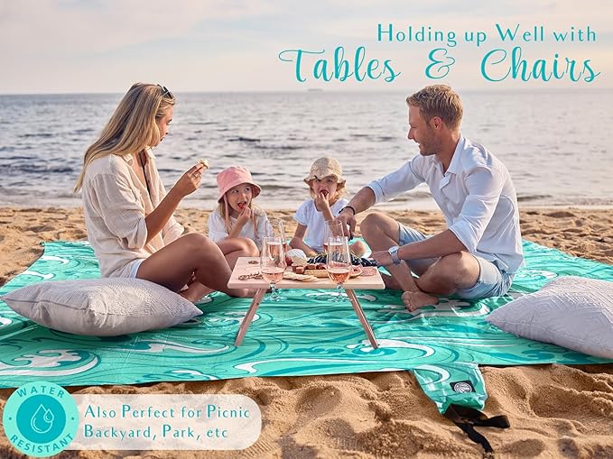 WEKAPO Beach Blanket Waterproof Sandproof Oversized Extra Large Sand Free Beach Mat with Stakes, Storage Bag - Essentials for Outdoor Beach, Picnic (Turquoise Ocean Waves, 11 X 9 FT (1~10 Person)) - Image 4
