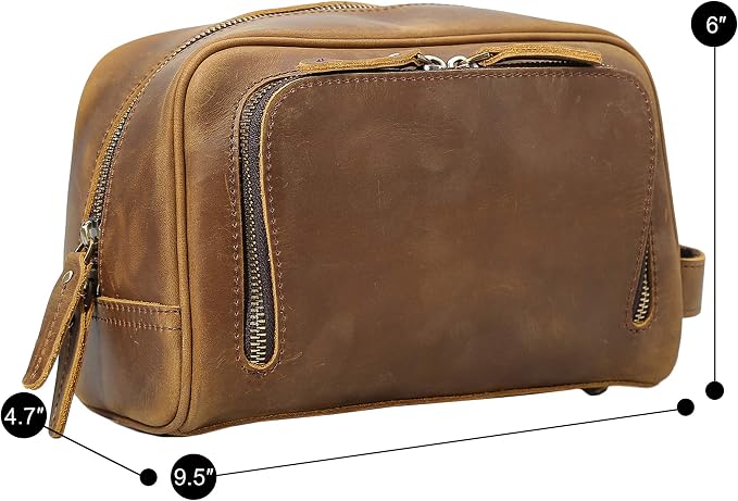Polare Vintage Full Grain Leather Handmade Travel Toiletry Bag for Men - Dopp Kit - Shaving Kit with YKK Metal Zippers A-Brown - Image 2