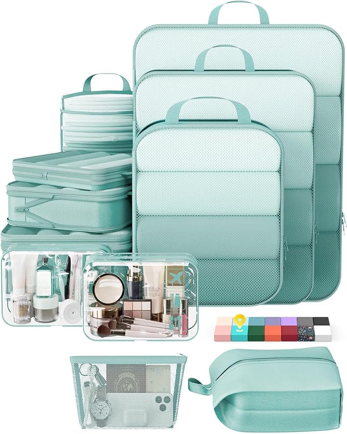 Veken 11 Set Compression Packing Cubes for Travel Essentials,Compressible Expandable Luggage Suitcase Organizer Bags with Garment Bag,Space Saver Bags with Over 1000 pcs of Mesh Holes(Blue Green) by Veken