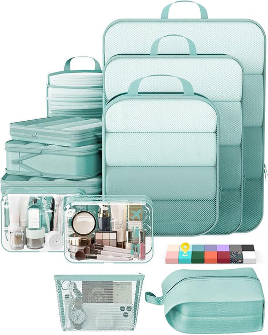 Veken 11 Set Compression Packing Cubes for Travel Essentials,Compressible Expandable Luggage Suitcase Organizer Bags with Garment Bag,Space Saver Bags with Over 1000 pcs of Mesh Holes(Blue Green) by Veken