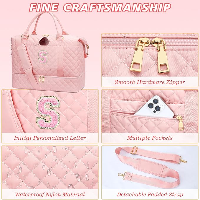 Gifts for Women Girls Initial Travel Duffle Bag Quilted Weekender Carry-On Overnight with Cosmetic Bag, Gym Bag with Shoe Compartment, Pink S - Image 6