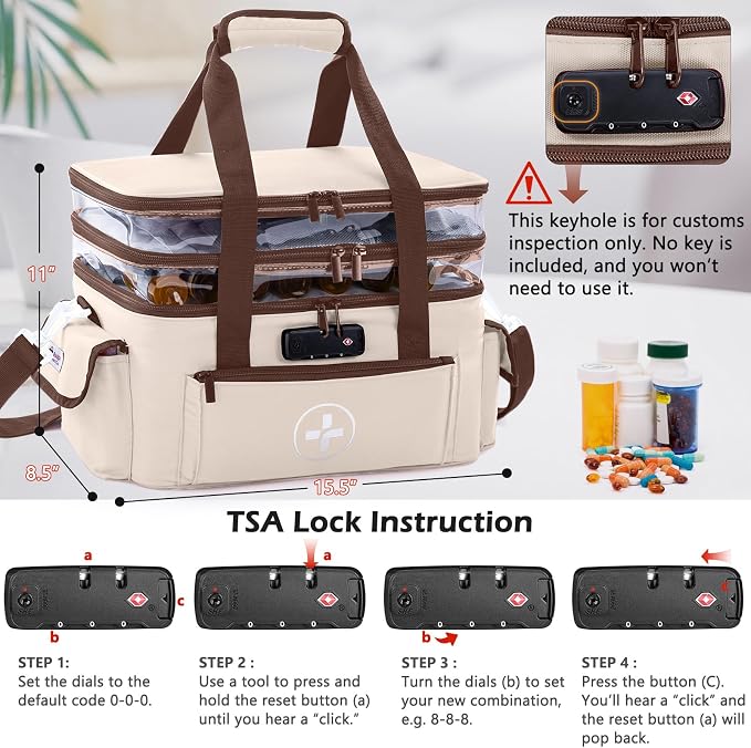 BAGSFY 3-Tier Medicine Organizer with Combination Lock – Large Medicine Bag, Empty First Aid Kit Case, Pill Bottle Medical Supply Organizer, Travel Prescription Bag, Medication Storage Container - Image 2