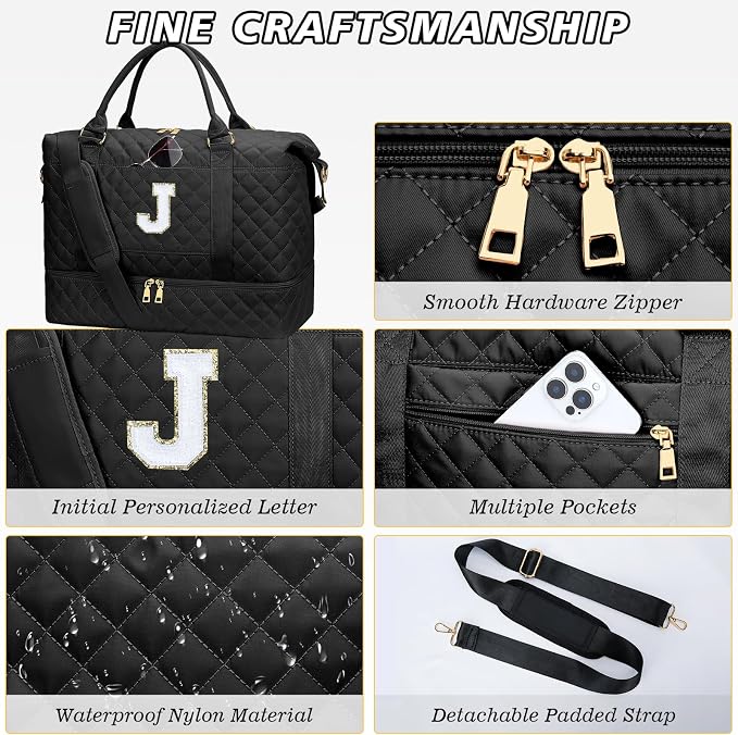 Gifts for Women Girls Initial Travel Duffle Bag Quilted Weekender Carry-On Overnight with Cosmetic Bag, Gym Bag with Shoe Compartment Hospital Bag for Labor Delivery, Black J - Image 6