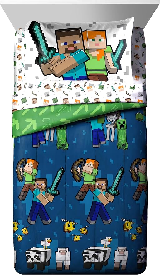 Minecraft Creeper Twin Comforter Set 5 Piece Kids Bedding for Boys, Blue | Zombie Enderman, Bed in a Bag, Comforter Sheets Sham Pillowcase, Official Brand, Soft Microfiber, Machine Washable, Boys Gift - Image 2