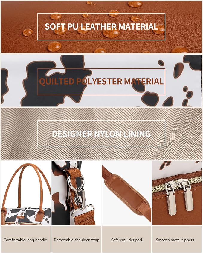 Weekender Bags for Women, Travel Duffle Bag Carry On Overnight Bag with Cosmetics Bag and Crossbody Purse for Gym Hospital, Gifts for Women, Cow Print Brown - Image 7