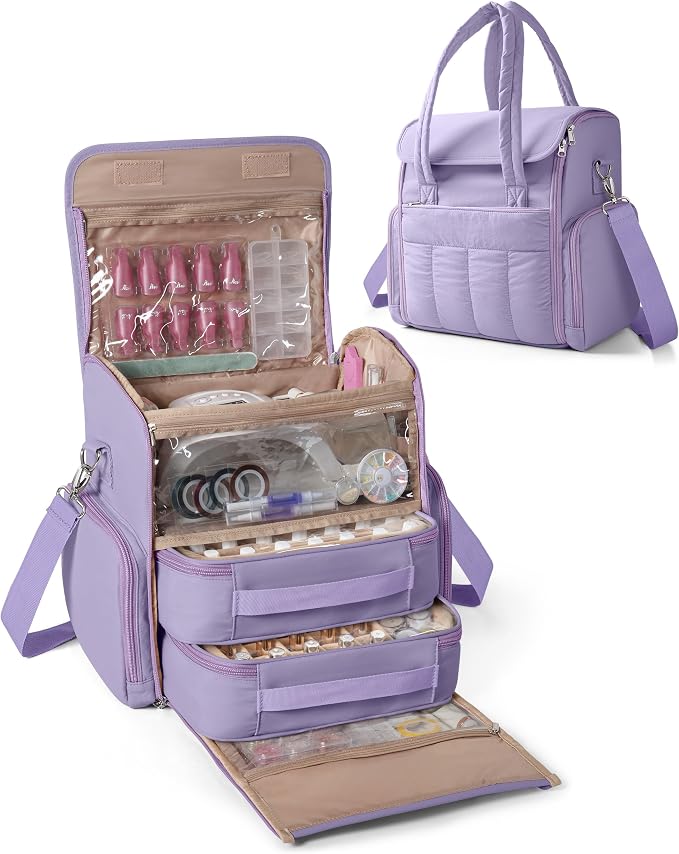 Marscamd Nail Polish Organizer Bag Holds 70 Bottles and Nail Lamp, Nail Polish Storage Case with 2 Removable Bags and Multiple Pockets, Purple by Marscamd