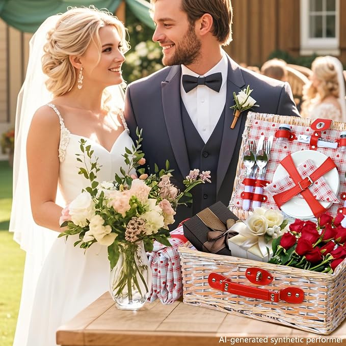 Picnic Basket Set for 4 with Waterproof Blanket Mat Insulation Bag Wicker Floral Pink Red Love Plaid Cute Kawaii Gift for Wedding Birthday Summer Camp Outdoor Camping Beach Travel Christmas - Image 9