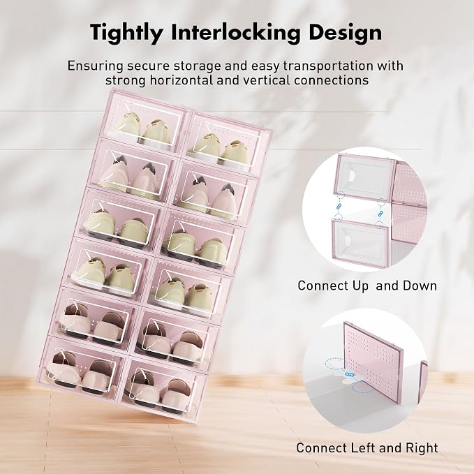 Foluck Shoe Storage Box, 15 Pack Clear Plastic Stackable Organizer for Closet, Interlocking Design Shoes Container Bins for Sneakers, Foldable Shoe Rack with Lids, Pink - Image 3