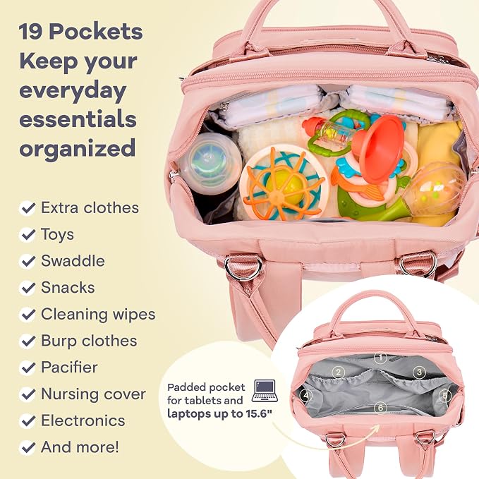RUVALINO Diaper Bag Backpack, Multifunction Travel Back Pack for Girls, Maternity Baby Changing Bags with Changing Pad for Mom, Large Capacity, Waterproof and Stylish, Pink - Image 4
