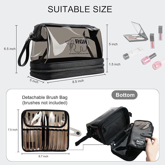 Rough Enough Clear Cosmetic Bag for Women and Men, Leakproof Travel Makeup Organizer, with Detachable Brush Pouch, Large Opening, 6.5”x5”x8.5”, Black - Image 7