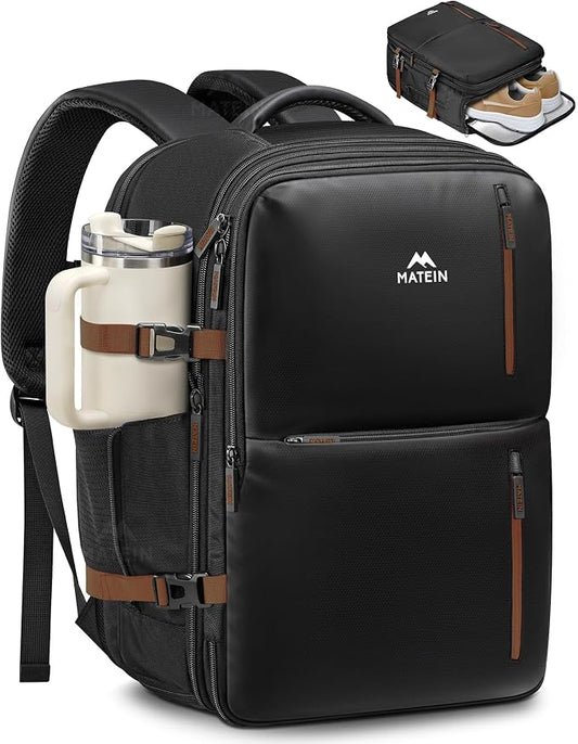 MATEIN 18x14x8 Inches Travel Backpack Personal Item, Black Brown | Expandable, Underseat Backpack for Airplane, Shoe Compartment, TSA Airline Approved, Carry on Bag Mochila, Fit 17" Laptop by MATEIN