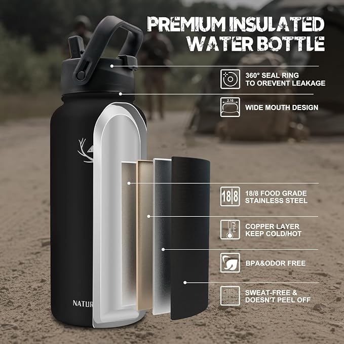 NATURE PIONEOR 32 oz Tactical Water Bottle with MOLLE Bottle Pouch & 3 Lids | 18/8 Food-grade Stainless Steel, Double Vacuum Insulation, 3 Leak-proof Lids, Handle, Strap, Camping, Hiking, Gym, Work - Image 3