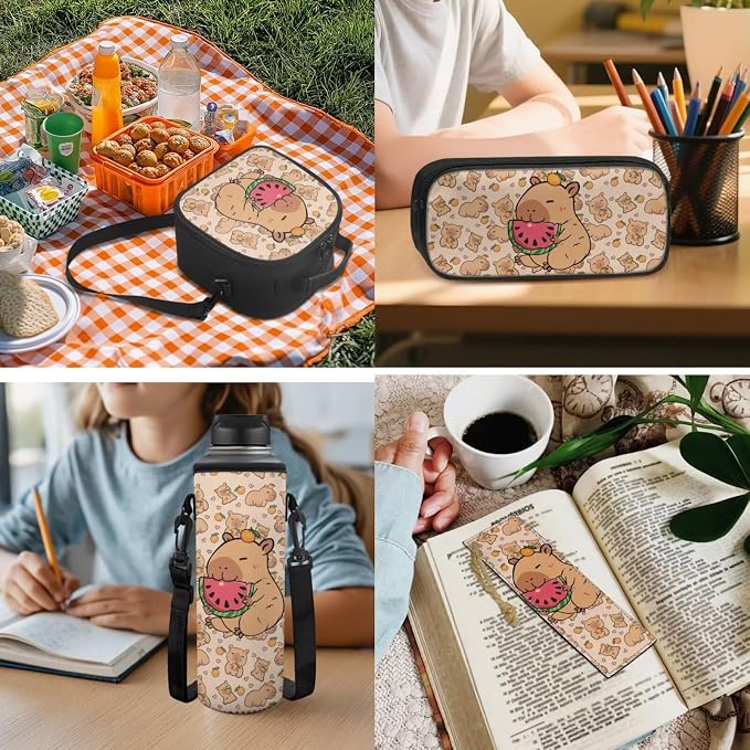 Capybara Backpack for Kids Cute Backpack with Lunchbox Pencil Case and Bottle Holder Bookmark Set of 5 Back to School Gifts Matching 5Pcs Bookbag Set for Girls Boys - Image 5