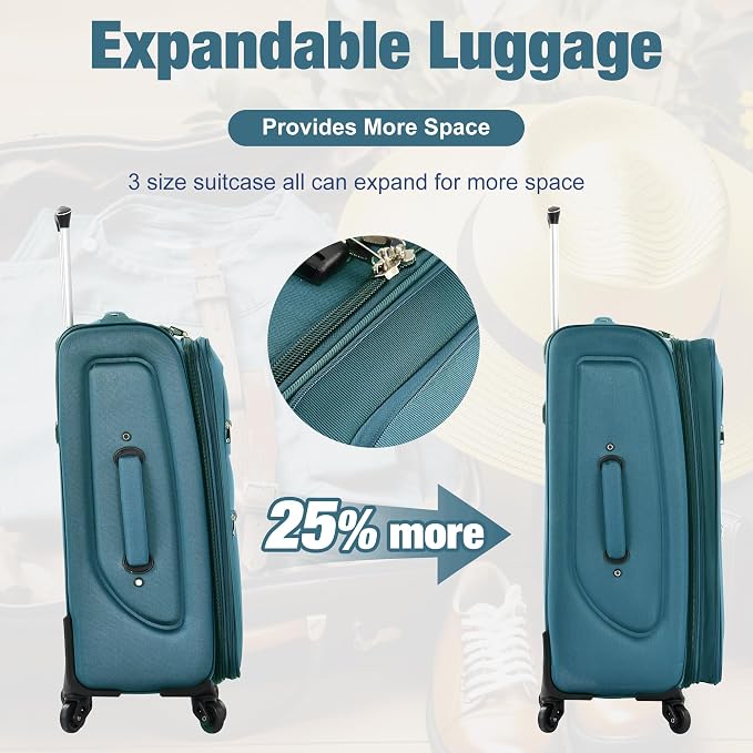 Merax Softside Luggage Set Lightweight 3 Piece Suitcase with Duffel Bag | Expandable Upright Travel Spinner Luggage 22" 26" 30",Blue Green - Image 5