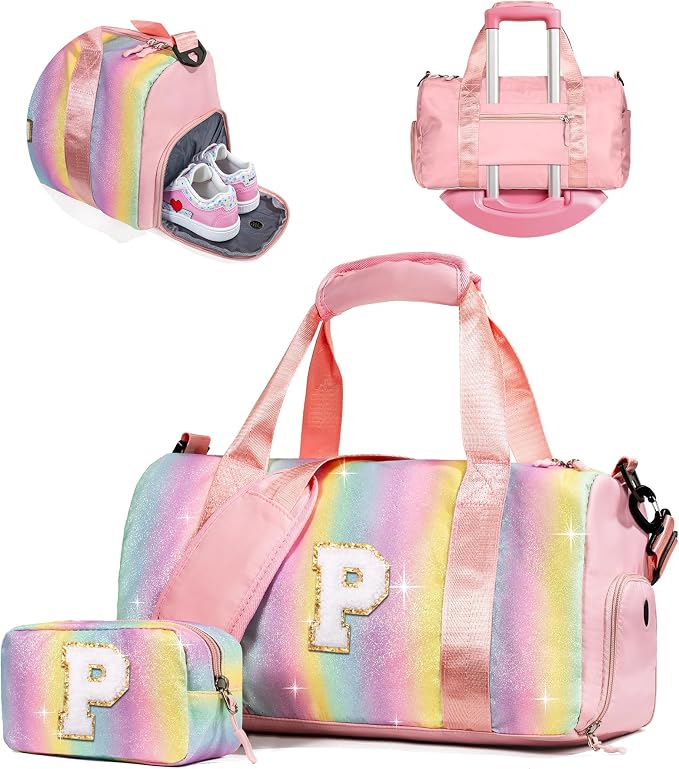 Preppy Gifts Gifts for Kids-Girl Gym Bag with Shoe Compartment, Kid Personalized Weekender Overnight Bags, Initial Travel Tote with Makeup Pouch, Valentines Day Gift (Letter P) by Vogewood