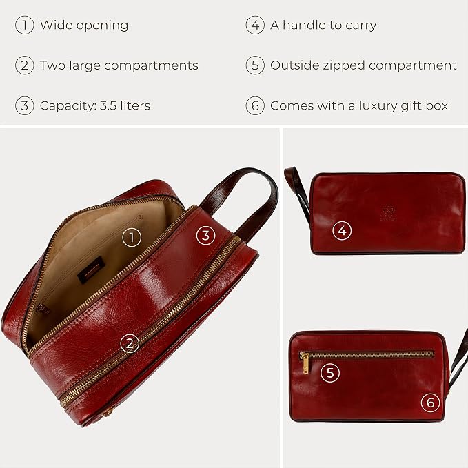 Time Resistance Leather Cosmetic Bag - Italian Toiletry Dopp Kit (Red) - Image 6