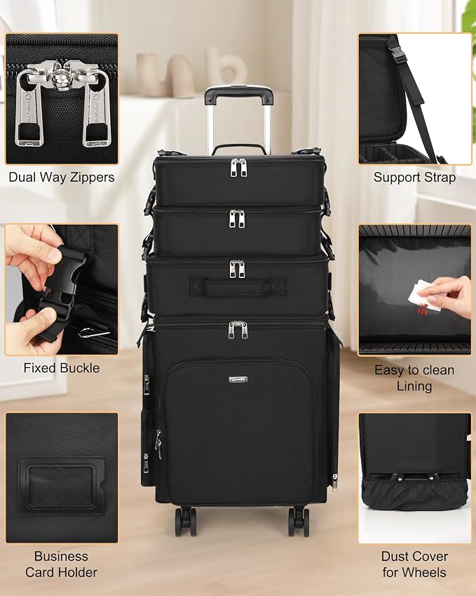 Relavel Rolling Makeup Case, 4 in 1 Hairstylist Traveling Bag Cosmetology Case on Wheels Large Hair Tools Cosmetics Train Case Makeup Artist Storage Organizer Trolley Suitcase with 360° Swivel Wheels - Image 8
