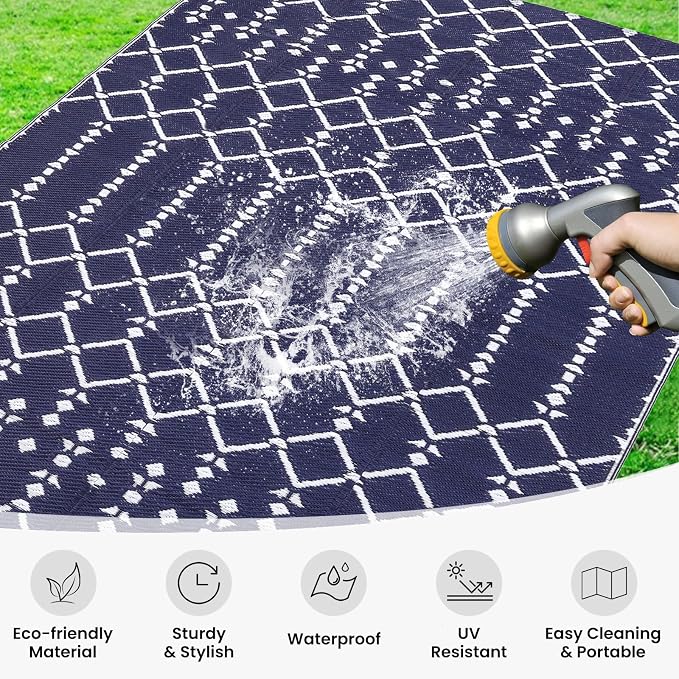 Smiry Outdoor Rug 5x8 ft, Waterproof Reversible Plastic Straw Rugs, Boho Outdoor Area Rug, Outside Floor Mat for Patio, Backyard, Deck, Picnic, Beach, Camping, Navy - Image 2
