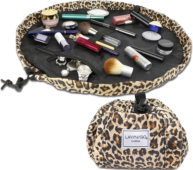 Lay-n-Go Cosmo Layflat Drawstring Cosmetic & Makeup Bag Organizer w/Zipper Pocket, Brush Loops & More, Cinch to Close, Lay Flat to Use, Durable, Machine Wash, Travel Toiletry Bag (20", Leopard) by Lay-n-Go