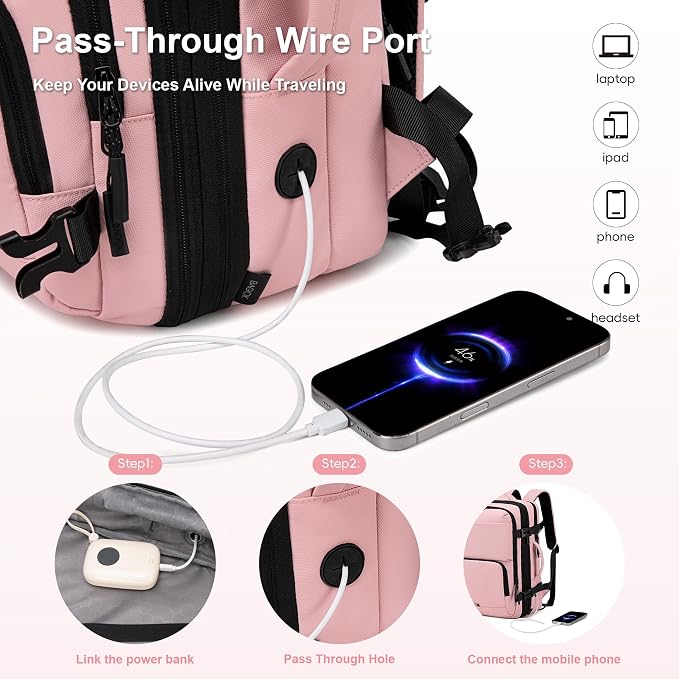 BAGOK Carry On Travel Backpack, Expandable Extra Large Airline Approved,Lightweight Daypack for Men and Women（Pink） - Image 8