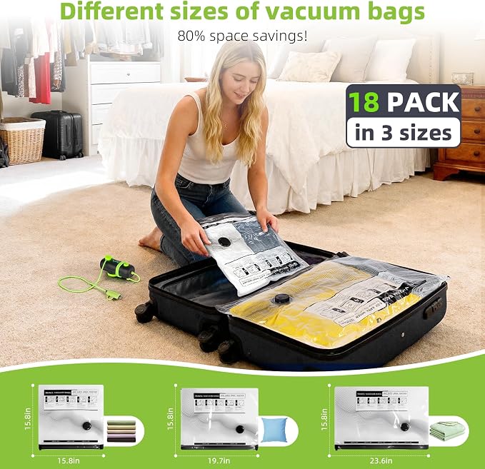 Vacuum Bags for Travel - USB Electric Pump, 18 Pack Carry-on Size Vacuum Seal Bags for Clothing - Space Saver Vacuum Storage Bags for Luggage, Travel Essentials. - Image 3