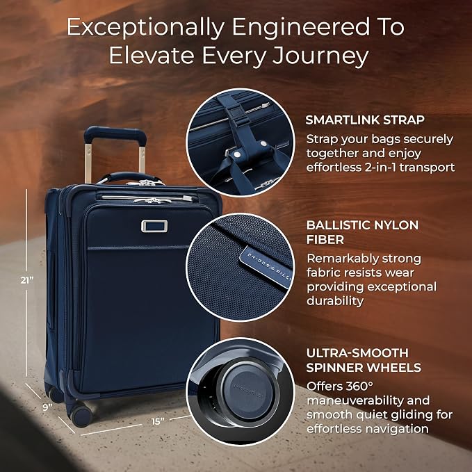 Briggs & Riley Global 21" Carry On Expandable Spinner - Luggage for International Travel, Suitcases with Wheels, Softside Rolling Bag for Men & Women, Self-Repairing Zipper - Baseline Collection, Navy - Image 2
