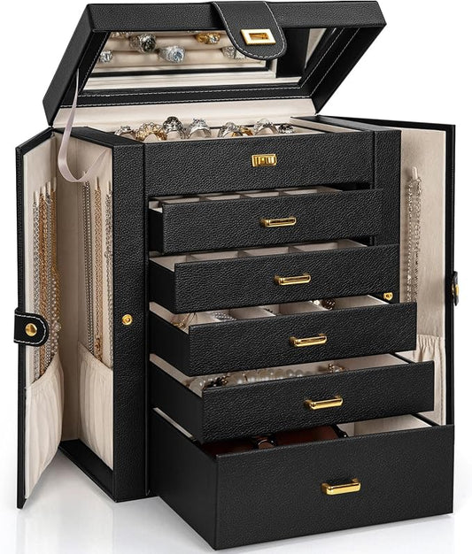 AKOZLIN 6-Tier Jewelry Box Organizer Functional 5 Drawers Leather Jewelry Storage Case for Women Girls Ring Necklace Earring Bracelet Holder Organizer with Mirror Black Regular by AKOZLIN