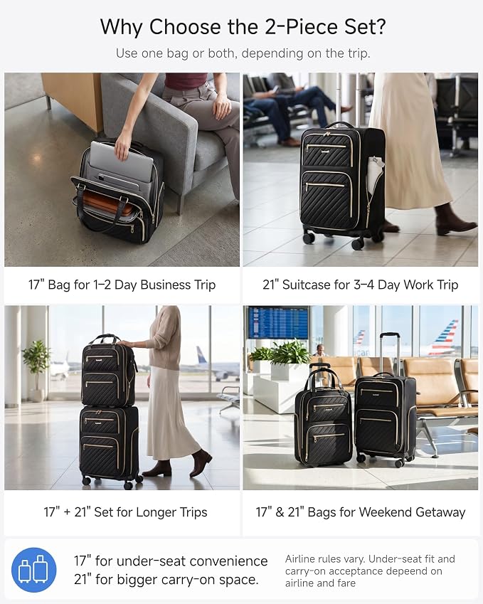 LUGGEX 2-Piece Carry On Luggage Set with Wheels, 17" Underseat Bag & 21" Expandable Carry On Suitcase, Lightweight Softside Travel Set with Spinner Wheels, Black(UX-Core, Black, 2 Piece 17/21 Inch) - Image 5