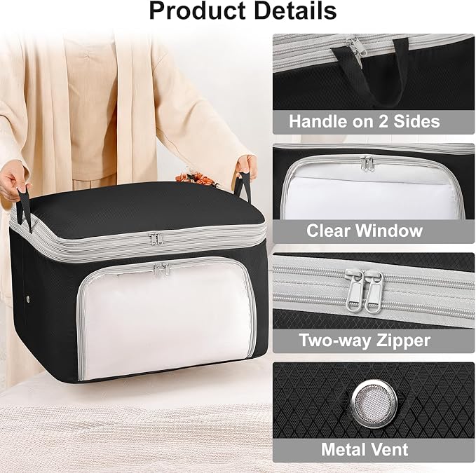 Comforter Storage Bag - 130L Blanket Storage Bags Front-opening Ultra Space Saving Self Compression Organizer, Washable Compression Bags for Storage Comforter Blanket, 1 Pack, Black - Image 7