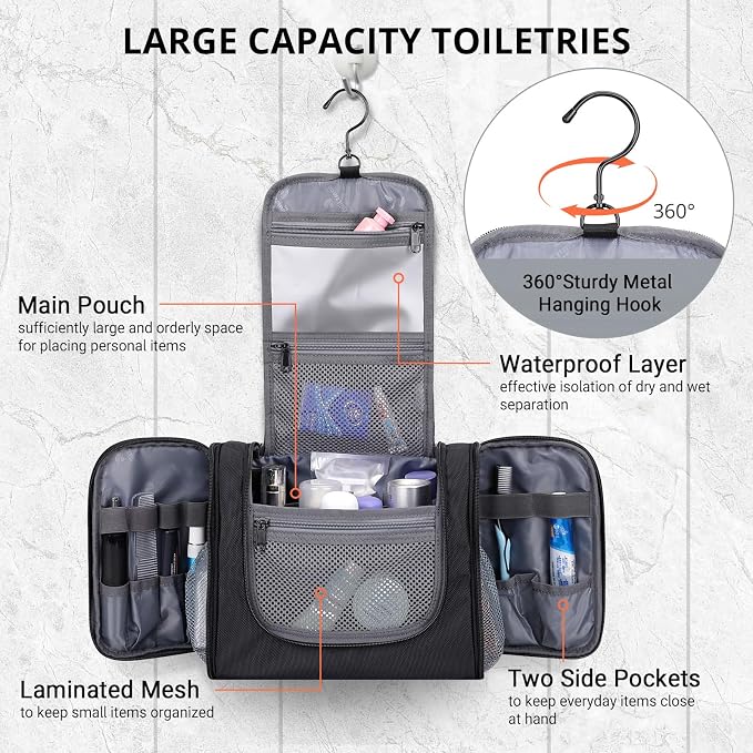 WITZMAN Toiletry Bag for Men Nylon Hanging Water-resistant Shaving Dopp Kit | With Dry-wet Separation Pocket, Multi-pockets for Organized Storage, Lightweight, For Travel, Bathroom, B690 Black - Image 4