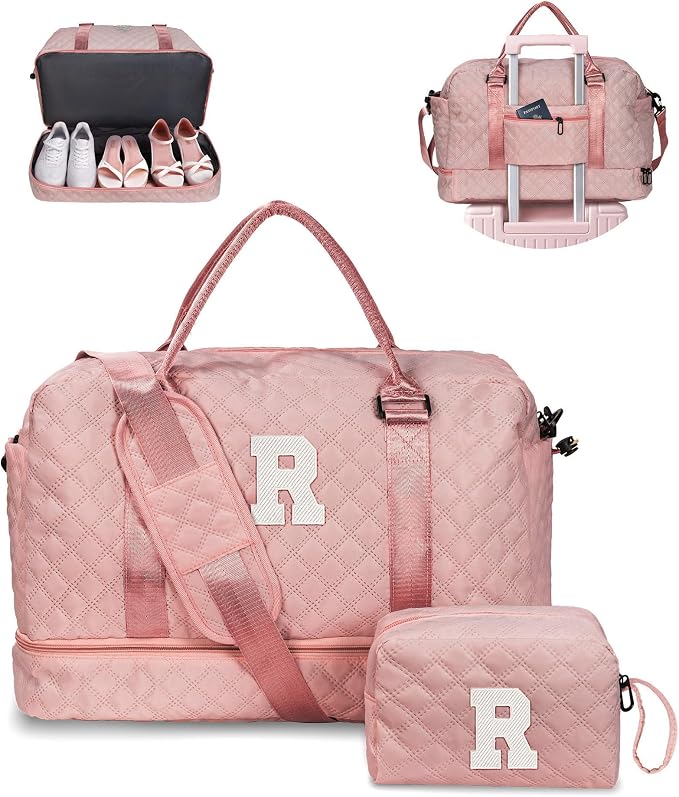 Girls Duffle Bag, Initial Bag, Personalized Weekender Bag with Shoulder Strap, Monogram Overnight Bag for Women Wet Pocket, Letter Travel Bag with Makeup Bag Gifts for Niece (Letter R) by Vogewood
