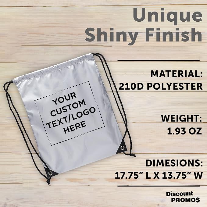 DISCOUNT PROMOS Custom Urban Shiny Drawstring Bags Set of 10/50/100, Personalized Bulk Pack - Bring Everywhere You Go, Perfect for Employees, For Everyday Use - Silver - Image 4