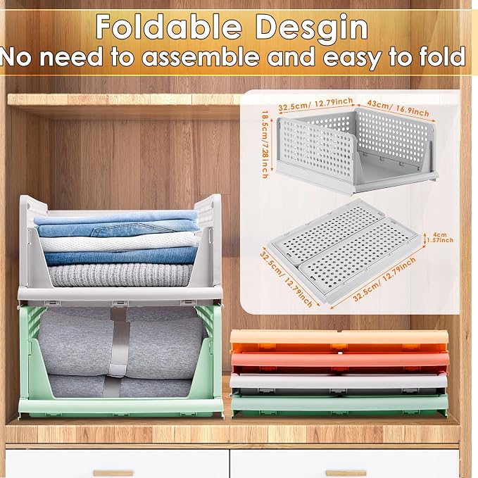 Set of 4 Foldable Storage Boxes, Stackable Drawer Organiser for Cupboards, Kitchen, Bathroom, Office (Colourful) - Image 2