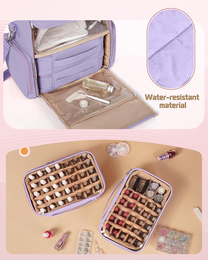 Marscamd Nail Polish Organizer Bag Holds 70 Bottles and Nail Lamp, Nail Polish Storage Case with 2 Removable Bags and Multiple Pockets, Purple - Image 3
