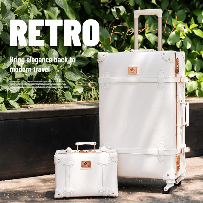 urecity 20" Rose White Vintage Luggage Set 2 Piece, Aluminum Frame Retro Carry On Suitcase with Cosmetic Case, Vegan Leather Spinner Trunk for Women (Clear Cover Included) - Image 2